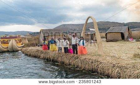 Puno, Peru - September 2017: Unidentified People At The Floating Island Isla Flotante, Titicaca Lake