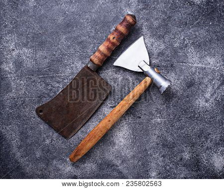 Butchers Vintage Cleaver And Axe For Meat. Top View