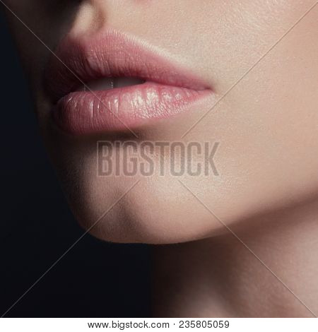 Sexual Full Lips. Natural Gloss Of Lips And Woman's Skin. The Mouth Is Closed. Increase In Lips, Cos
