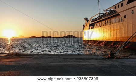 Beautiful Golden Sunset In The Port Of Igoumenitsa.