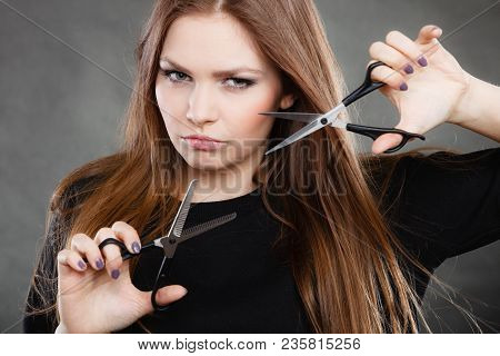 Professional Elegant Female Barber With Scissors.