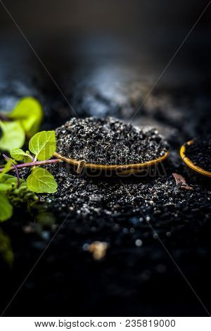 Close Up Of Kalonji, Roman Coriander, Mint Leaves, And Powder Of Kalonji With Its Extracted Oil For 