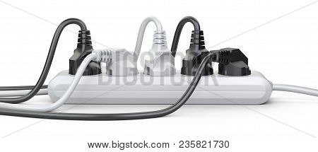 The Electrical Extension Strip With Connected Power Plugs Front View. 3d Illustration Isolated On A 