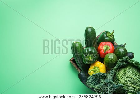 Tray With Fresh Organic Green Vegetables Savoy Cabbage Zucchini Cucumbers Red Yellow Bell Peppers Av