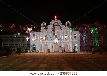 Frontal View Of Vintage Church Decorated For Holidays In Vasai, Bombay