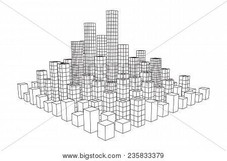 Mesh Low Poly Wireframe Cubes Array Like Skyscraper City. Connected Lines Town. Connection Box Struc