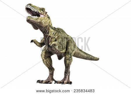 Agressive Tyrannosaurus Rex Dinosaur Plastic Toy, Isolated On White Background.