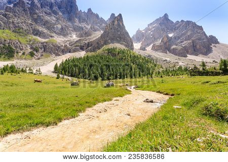 Mountain Peaks View, Dolomites Landscape. Venegia Valley, San Martino Di Castrozza.