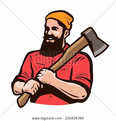 Lumberjack, Axeman With Axe In Hands. Carpentry, Woodworker, Sawmill Concept Cartoon Vector