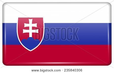 Flags Slovakia In The Form Of A Magnet On Refrigerator With Reflections Light.