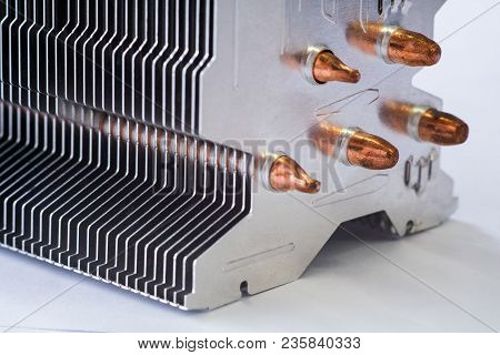 Aluminum Radiator With Copper Heat Pipe Close-up With Beautiful Bokeh Metallic