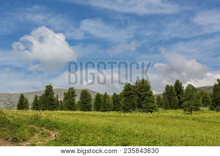 Beautiful Blue Sky With Clouds Over The Top Of The Altai Mountains.