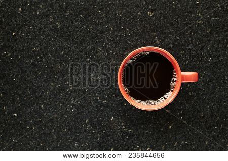 Red Cup Of Coffee On Granite Table Background, , Top View