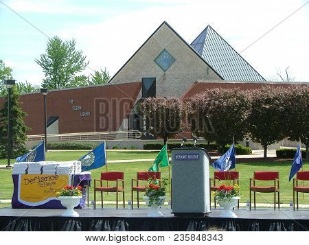 Defiance College Graduation Stage Setup With Pilgrim Library In The Background, Defiance, Oh May 7, 