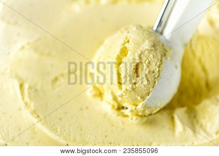 Vanilla Ice Cream Scoop Background. Summer Food Concept, Copy Space, Top View. Scooped Texture. Scoo