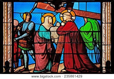 PARIS, FRANCE - JANUARY 10: 6th Stations of the Cross, Veronica wipes the face of Jesus, stained glass window in the Saint Eugene - Saint Cecilia Church, Paris, France on January 10, 2018.
