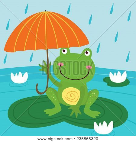 Frog Hide From Rain Under Umbrella- Vector Illustration, Eps