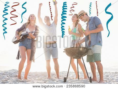 Blue and red confetti doodles against millennials at beach party