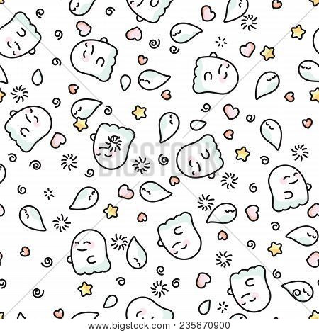 Ghosts And Phantoms On White Background Doodle Pattern. Funny Ghost And Shadow Halloween Pattern