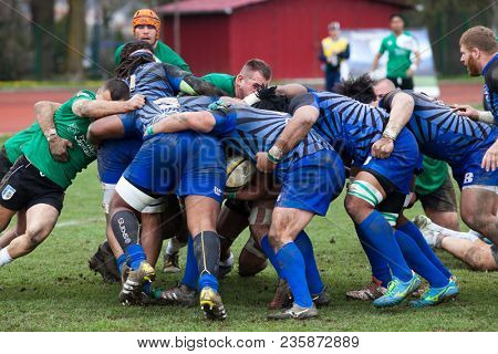 CLUJ-NAPOCA, ROMANIA - 31 March 2018: Rugby cup final between CSM Stiinta Baia Mare vs CSM Bucuresti on 31.03.2018 in Cluj-Napoca, Romania