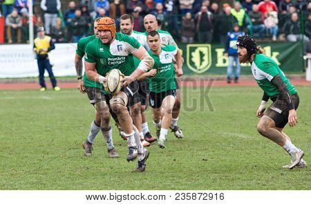 CLUJ-NAPOCA, ROMANIA - 31 March 2018: Rugby cup final between CSM Stiinta Baia Mare vs CSM Bucuresti on 31.03.2018 in Cluj-Napoca, Romania