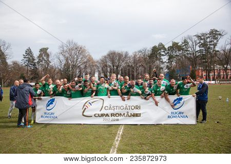 CLUJ-NAPOCA, ROMANIA - 31 March 2018: Rugby cup final between CSM Stiinta Baia Mare vs CSM Bucuresti on 31.03.2018 in Cluj-Napoca, Romania
