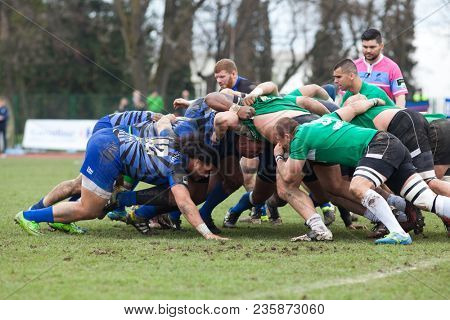 CLUJ-NAPOCA, ROMANIA - 31 March 2018: Rugby cup final between CSM Stiinta Baia Mare vs CSM Bucuresti on 31.03.2018 in Cluj-Napoca, Romania