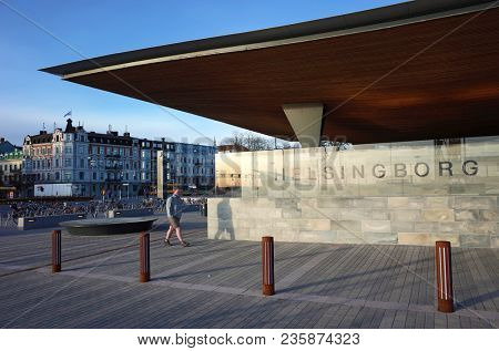 Helsingborg, Sweden - 12 April, 2018: Modern building of the entrance to the Central Station. Helsingborg is a port city located in southern Sweden on the shore of Oresund strait