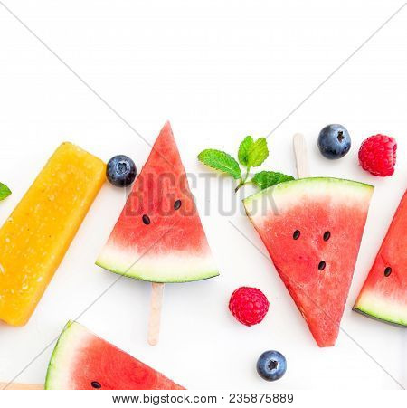 Summer Patterm-  Watermelon Slice  Popsicle  And Berries  On White Background. Flat Lay, Top View.
