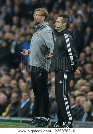 MANCHESTER, ENGLAND - APRIL 10: Jurgen Klopp Manager  during the Champions League quarter final match between Manchester City and Liverpool at the Etihad Stadium on April 10, 2018 