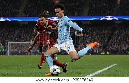 MANCHESTER, ENGLAND - APRIL 10: Trent Alexander-Arnold  and Leroy Sane  during the Champions League quarter final match between Manchester City and Liverpool at the Etihad Stadium on April 10, 2018 