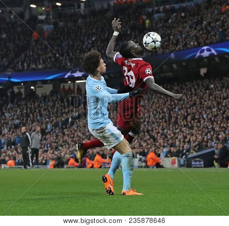MANCHESTER, ENGLAND - APRIL 10: Leroy Sane  and Sadio Mane  during the Champions League quarter final match between Manchester City and Liverpool at the Etihad Stadium on April 10, 2018 