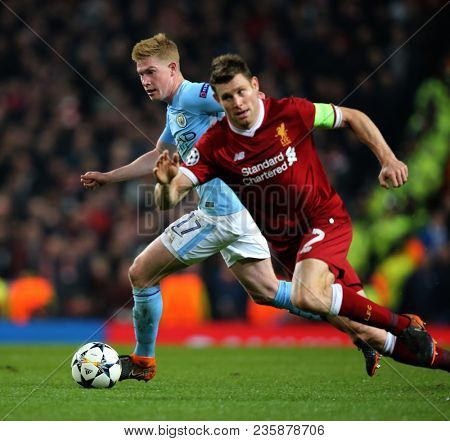MANCHESTER, ENGLAND - APRIL 10: Kevin De Bruyne  and James Milner  during the Champions League quarter final match between Manchester City and Liverpool at the Etihad Stadium on April 10, 2018  