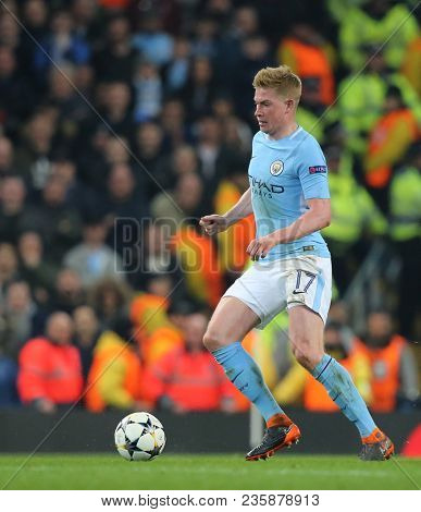MANCHESTER, ENGLAND - APRIL 10: Kevin De Bruyne  during the Champions League quarter final match between Manchester City and Liverpool at the Etihad Stadium on April 10, 2018 