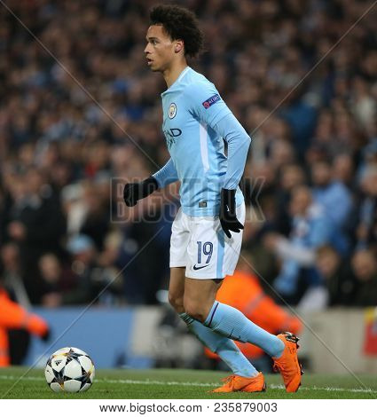 MANCHESTER, ENGLAND - APRIL 10: Leroy Sane  during the Champions League quarter final match between Manchester City and Liverpool at the Etihad Stadium on April 10, 2018 