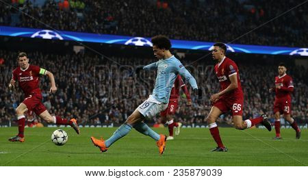 MANCHESTER, ENGLAND - APRIL 10: Trent Alexander-Arnold  and Leroy Sane  during the Champions League quarter final match between Manchester City and Liverpool at the Etihad Stadium on April 10, 2018 