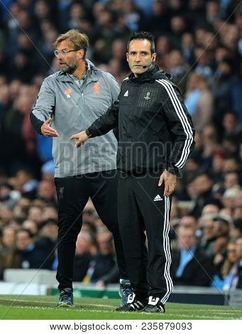 MANCHESTER, ENGLAND - APRIL 10: Jurgen Klopp Manager  during the Champions League quarter final match between Manchester City and Liverpool at the Etihad Stadium on April 10, 2018 