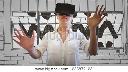 Woman in virtual reality headset hands out against grey hand drawn windows
