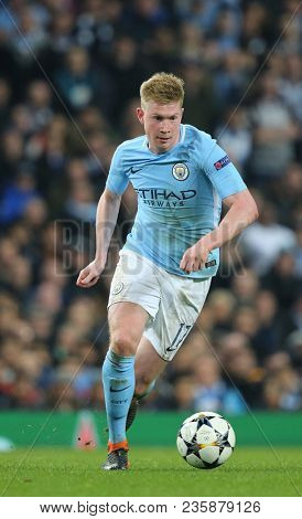 MANCHESTER, ENGLAND - APRIL 10: Kevin De Bruyne  during the Champions League quarter final match between Manchester City and Liverpool at the Etihad Stadium on April 10, 2018 