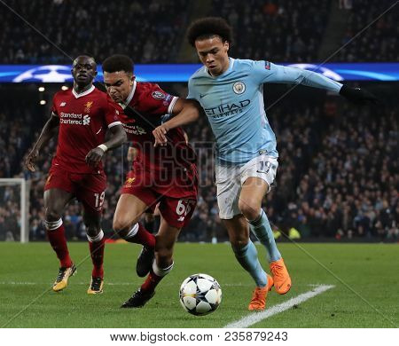 MANCHESTER, ENGLAND - APRIL 10: Trent Alexander-Arnold  and Leroy Sane  during the Champions League quarter final match between Manchester City and Liverpool at the Etihad Stadium on April 10, 2018 
