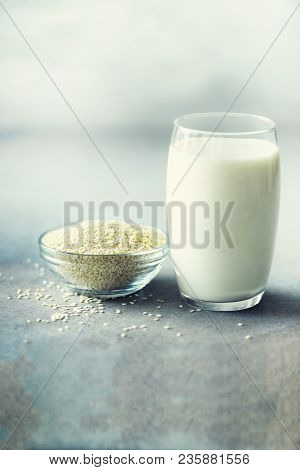 Sesame Seed Milk In Glass And Sesame Seeds On Grey Concrete Background With Copy Space. Raw Food Die