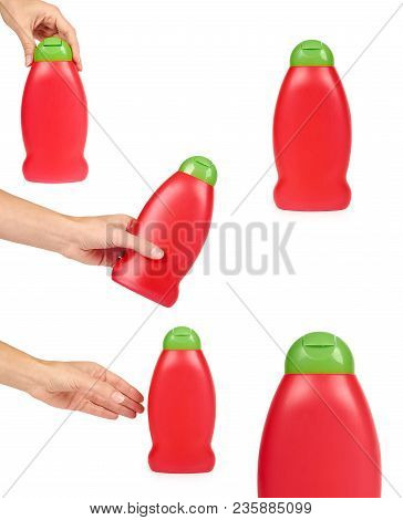Set Of Different Plastic Bottle For Shampoo Or Liquid Soap With Hand, Isolated On White Background. 