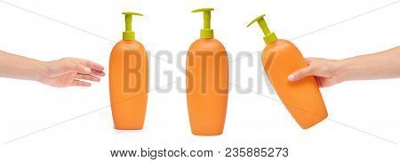 Set Of Different Plastic Bottle For Shampoo Or Liquid Soap With Hand, Isolated On White Background. 