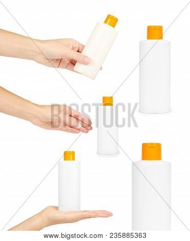Set Of Different Plastic Bottle For Shampoo Or Liquid Soap With Hand, Isolated On White Background. 
