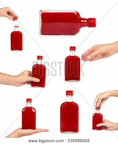 Set Of Different Glass Bottle With Red Tincture With Hand. Isolated On White Background. Alcohol Pro