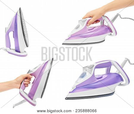 Set Of Different Iron With Hand, Isolated On White Background.