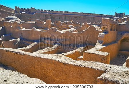 Preserved Ruins Of Ancient Adobe Fortress - Arg-e Rayen, Located Among The Desert Of Kerman Province