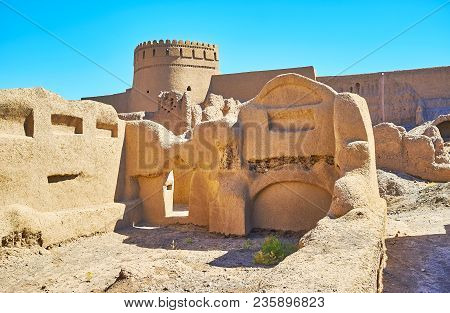 The View On Rayen Castle Through Adobe Wall Of Ruined House, Kerman Province, Iran.