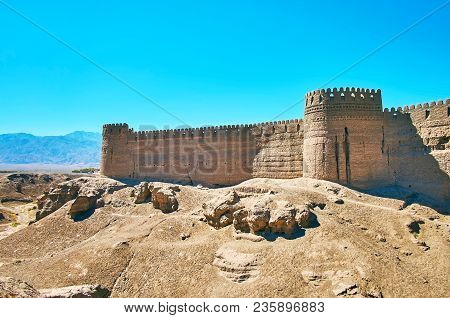 The Massive Adobe Ramparts Of Arg-e Rayen, Located On Hilly Deserted Area Of Kerman Province, Iran.