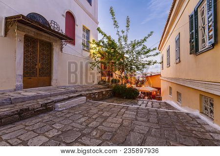 Athens, Greece - April 09, 2018: Street Of Plaka Neighborhood In The Old Town Of Athens, Greece On A